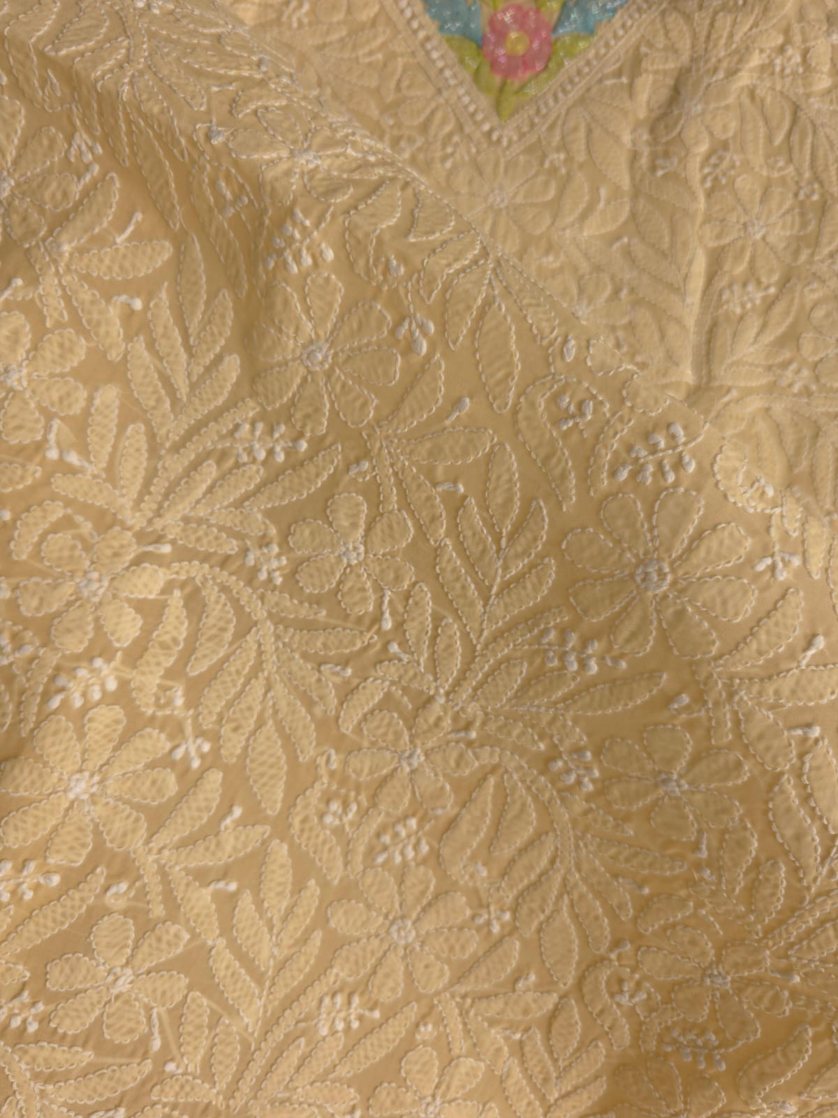 Beige Cotton Kurta fabric with Handwork and multicolored cutdana Neckline