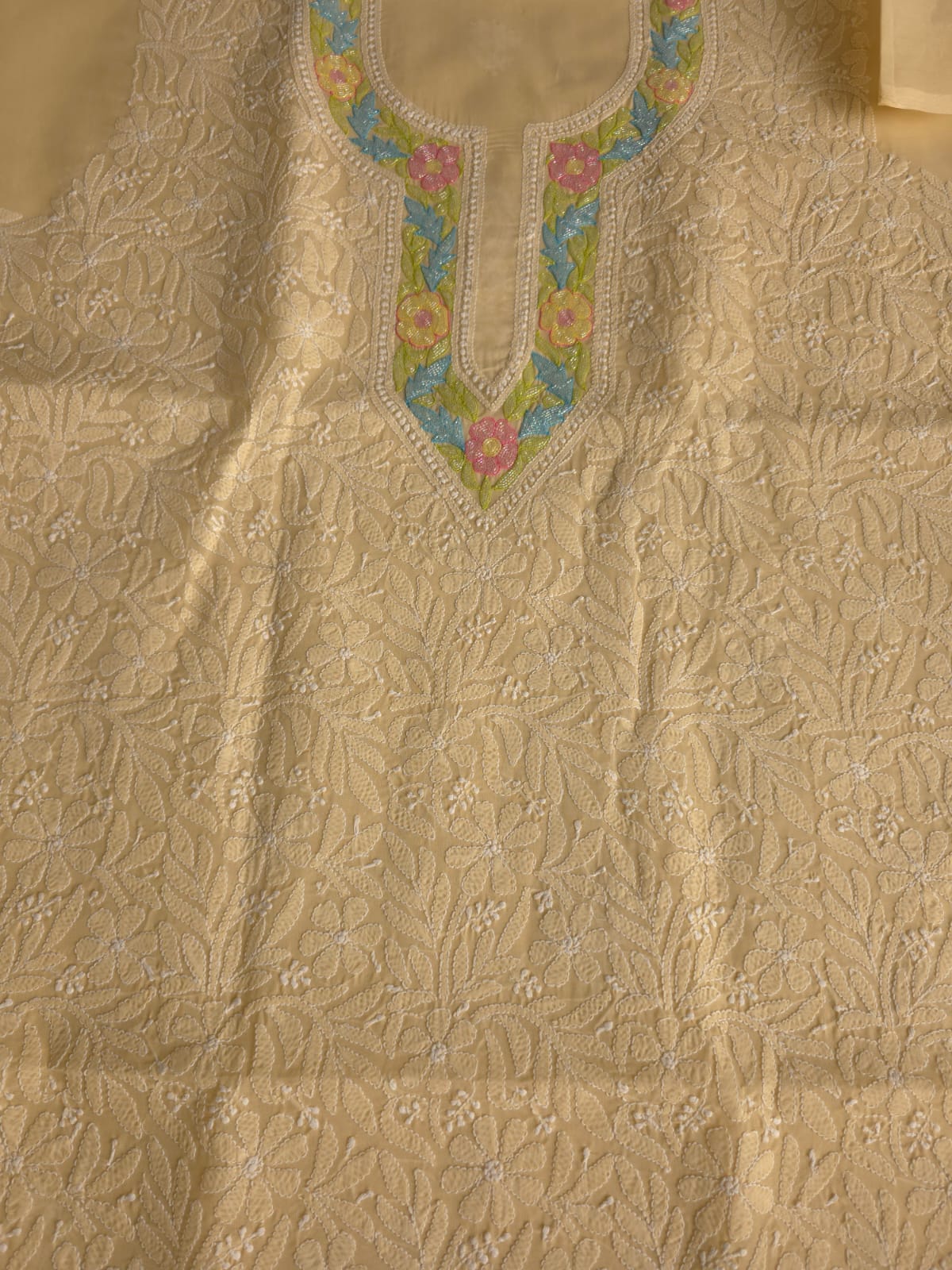 Beige Cotton Kurta fabric with Handwork and multicolored cutdana Neckline