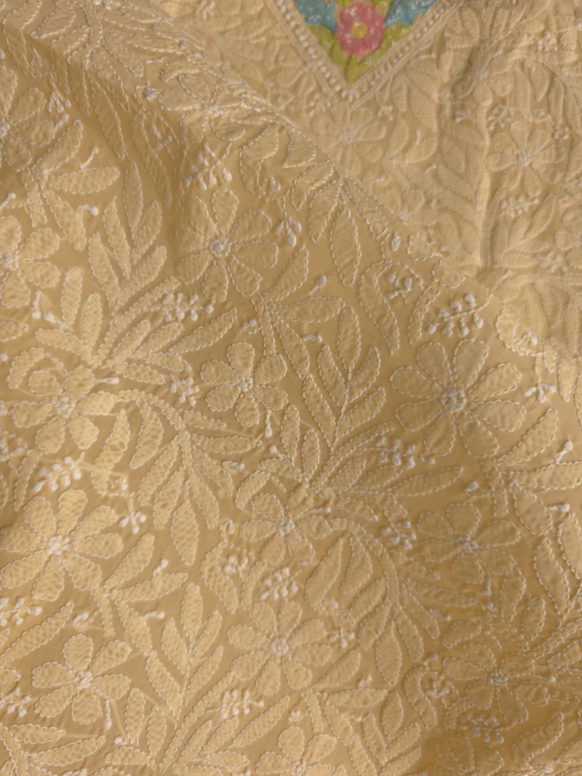 Beige Cotton Kurta fabric with Handwork and multicolored cutdana Neckline