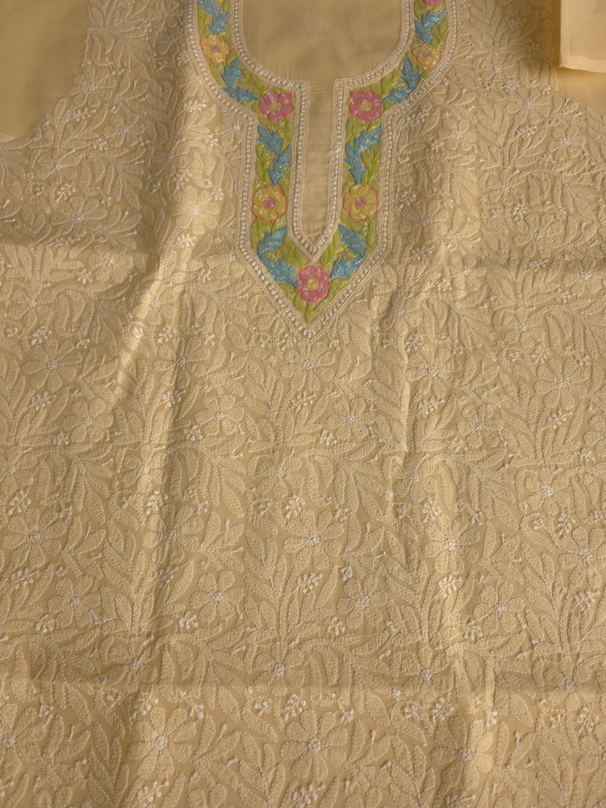 Beige Cotton Kurta fabric with Handwork and multicolored cutdana Neckline