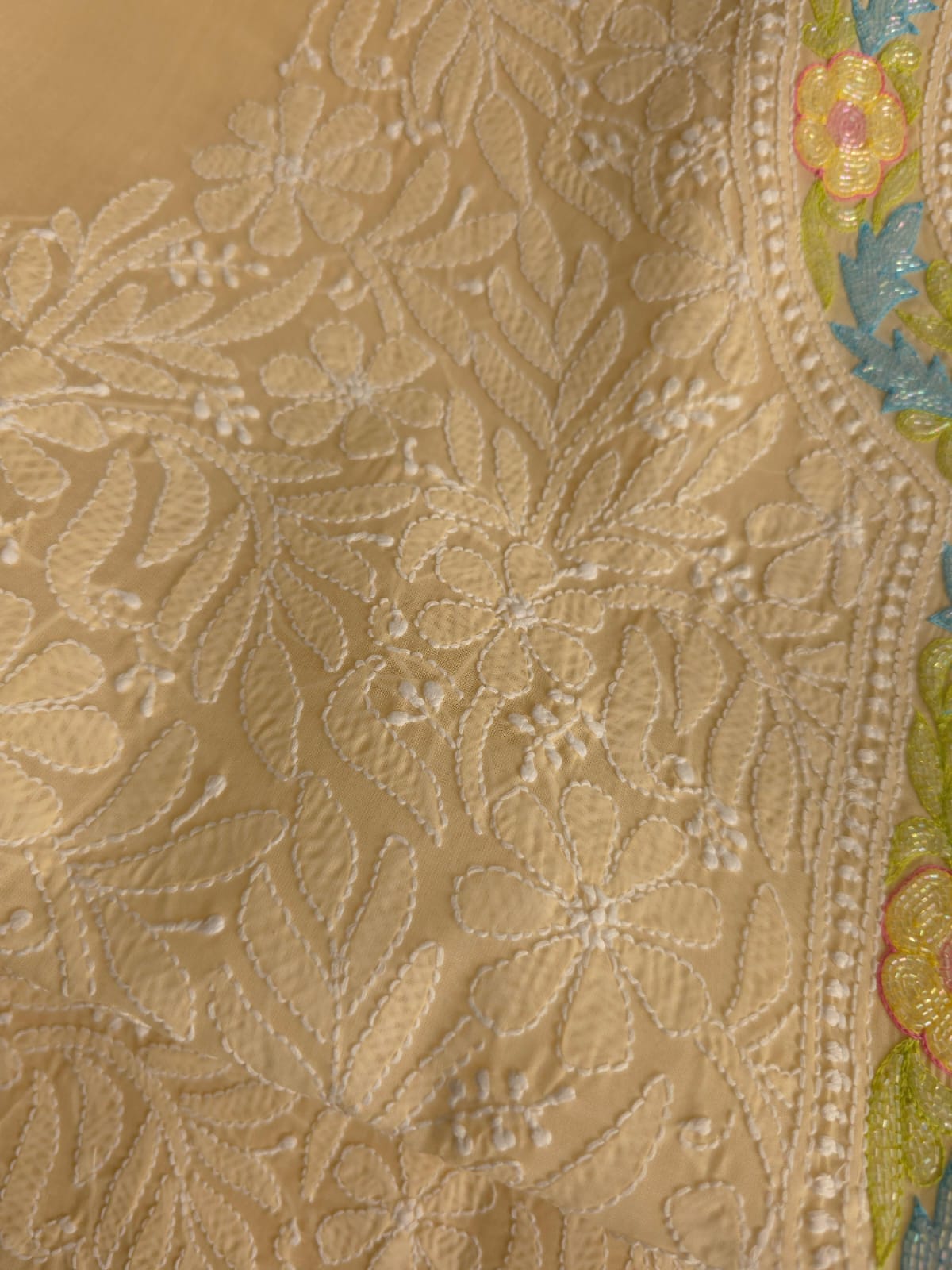 Beige Cotton Kurta fabric with Handwork and multicolored cutdana Neckline