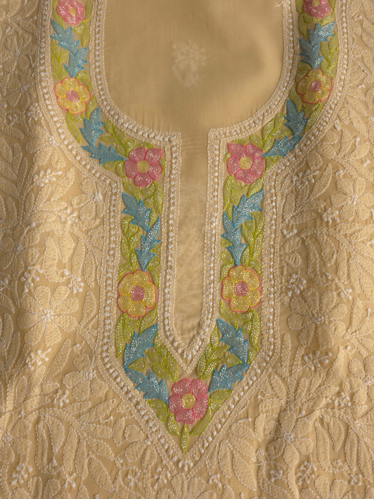 Beige Cotton Kurta fabric with Handwork and multicolored cutdana Neckline