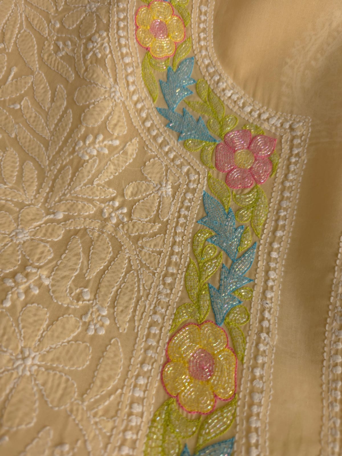 Beige Cotton Kurta fabric with Handwork and multicolored cutdana Neckline