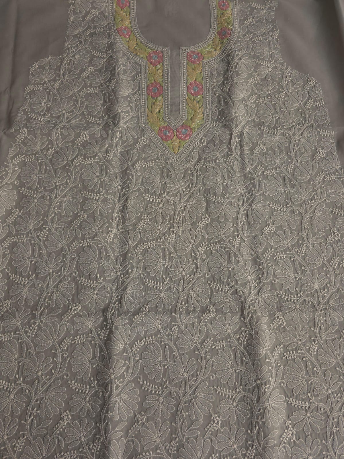 Grey Cotton Kurta fabric with Handwork and multicolored cutdana  neckline