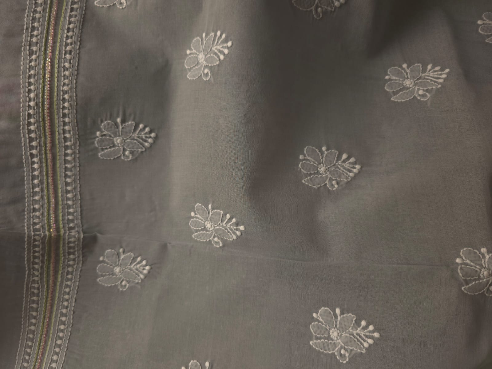 Grey Cotton Kurta fabric with Handwork and multicolored cutdana  neckline