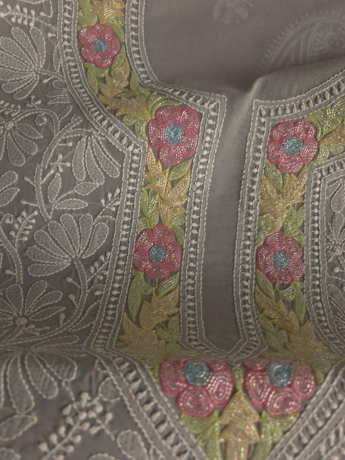 Grey Cotton Kurta fabric with Handwork and multicolored cutdana  neckline