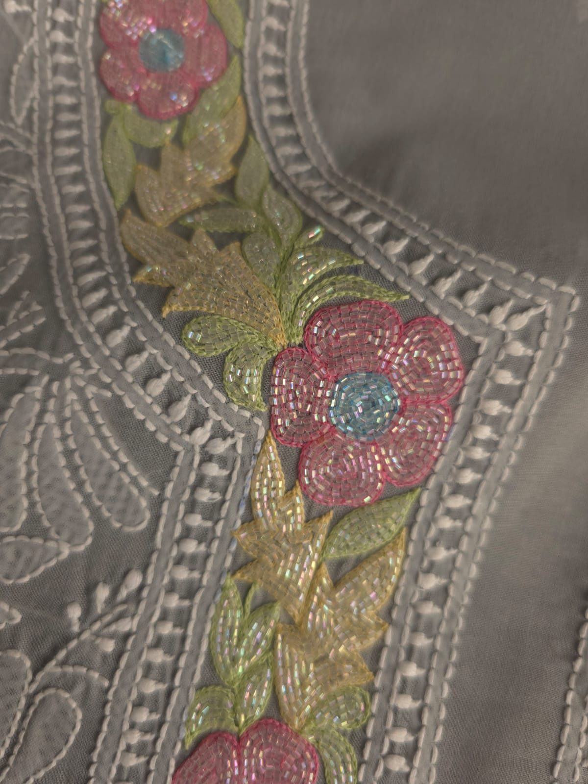 Grey Cotton Kurta fabric with Handwork and multicolored cutdana  neckline