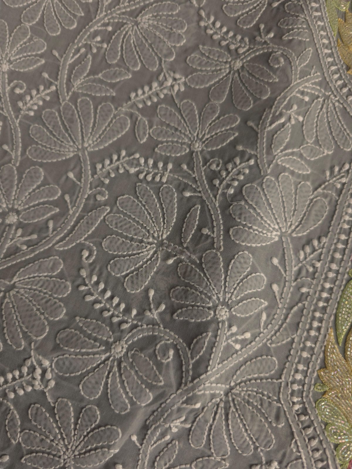 Grey Cotton Kurta fabric with Handwork and multicolored cutdana  neckline