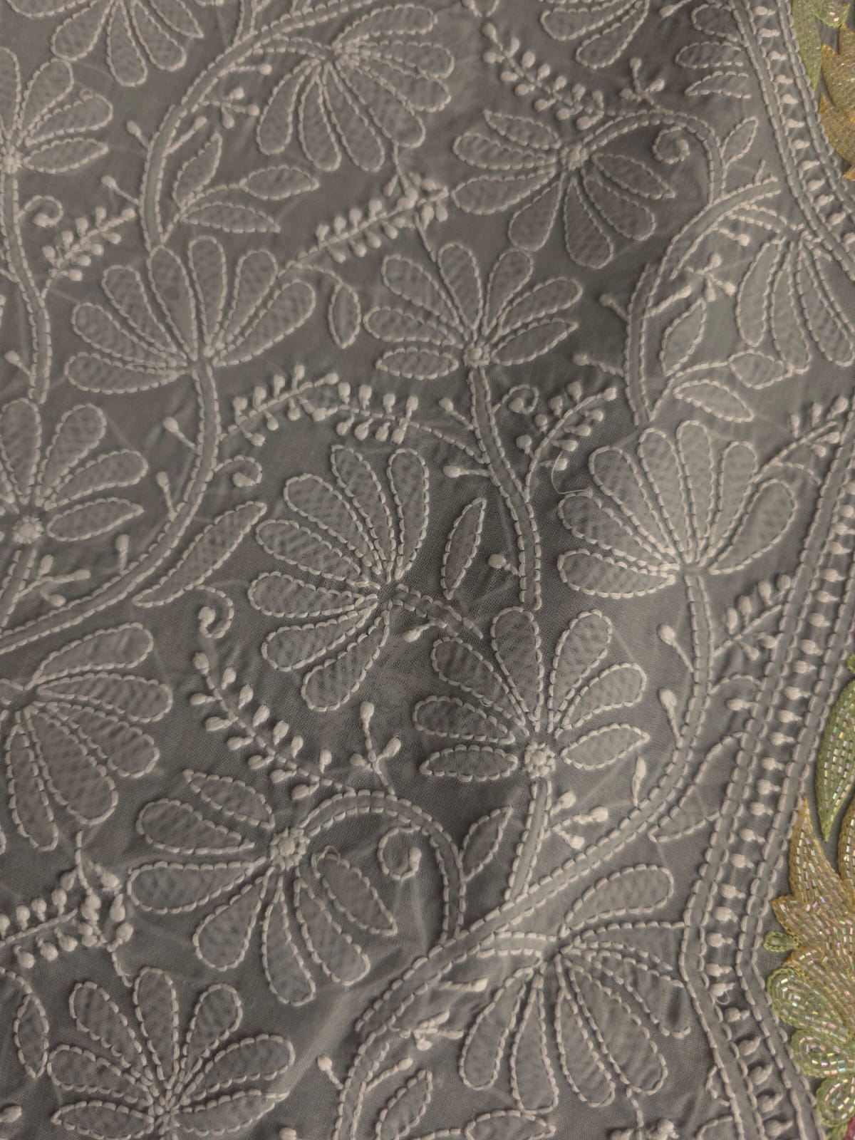 Grey Cotton Kurta fabric with Handwork and multicolored cutdana  neckline