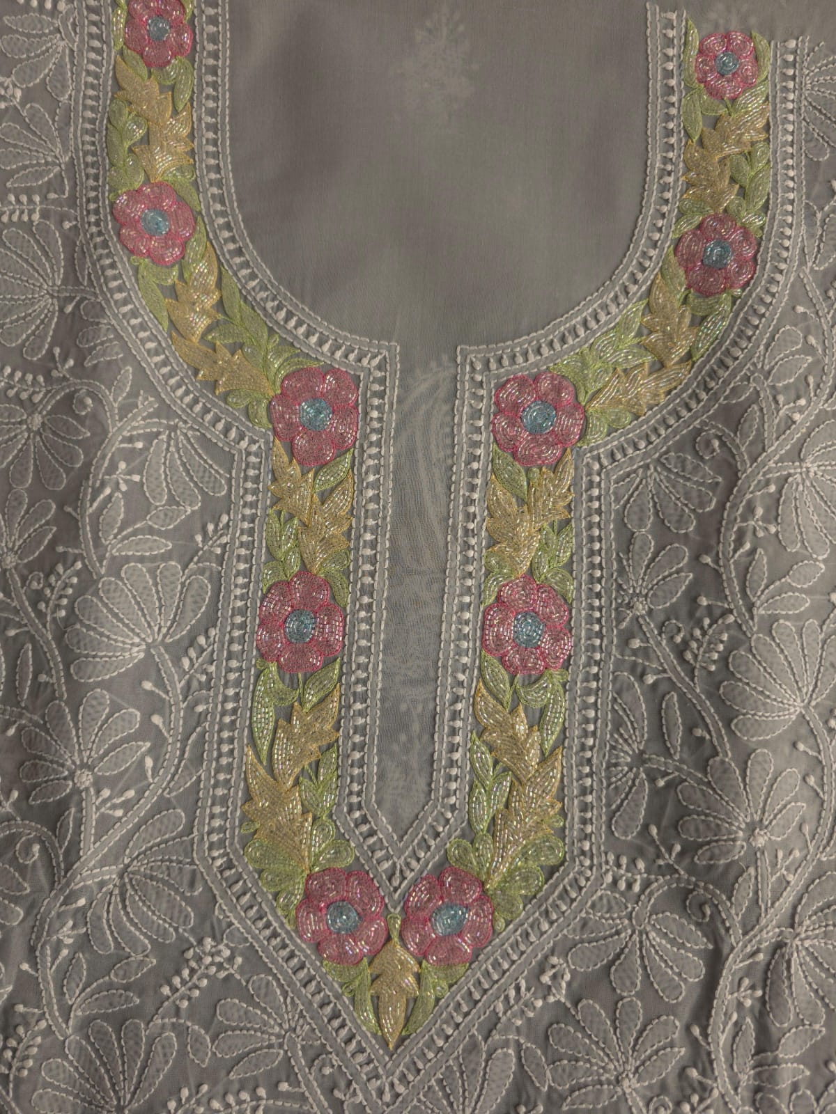 Grey Cotton Kurta fabric with Handwork and multicolored cutdana  neckline