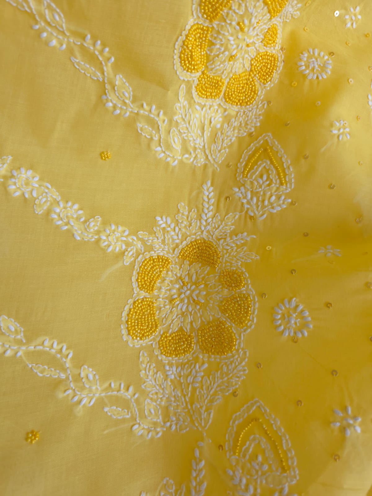 Sunshine Yellow Cotton Full suit with handwork and pearl sequins