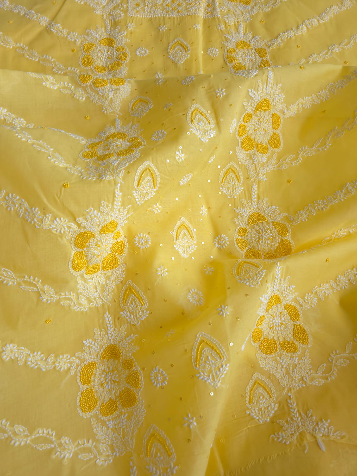 Sunshine Yellow Cotton Full suit with handwork and pearl sequins