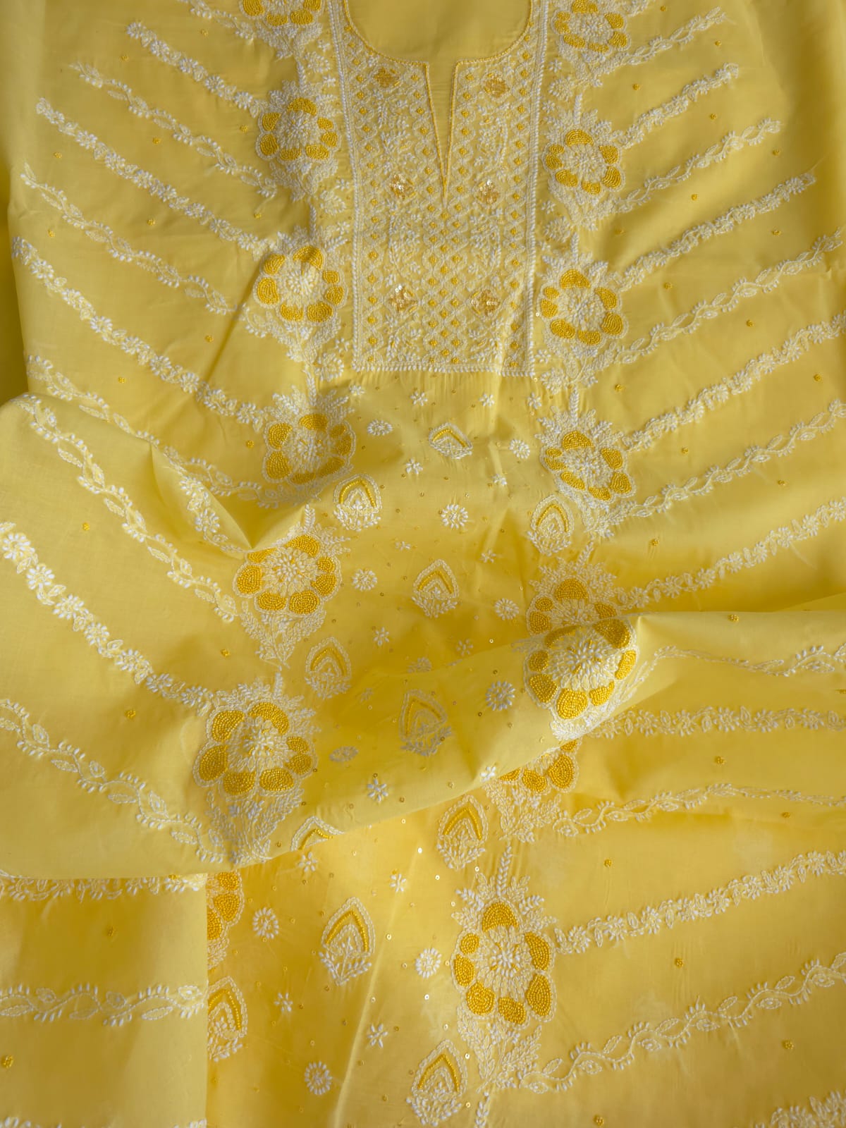 Sunshine Yellow Cotton Full suit with handwork and pearl sequins