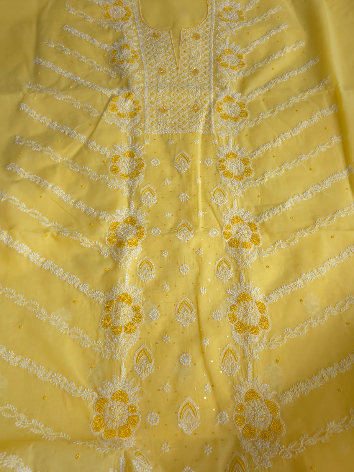 Sunshine Yellow Cotton Full suit with handwork and pearl sequins