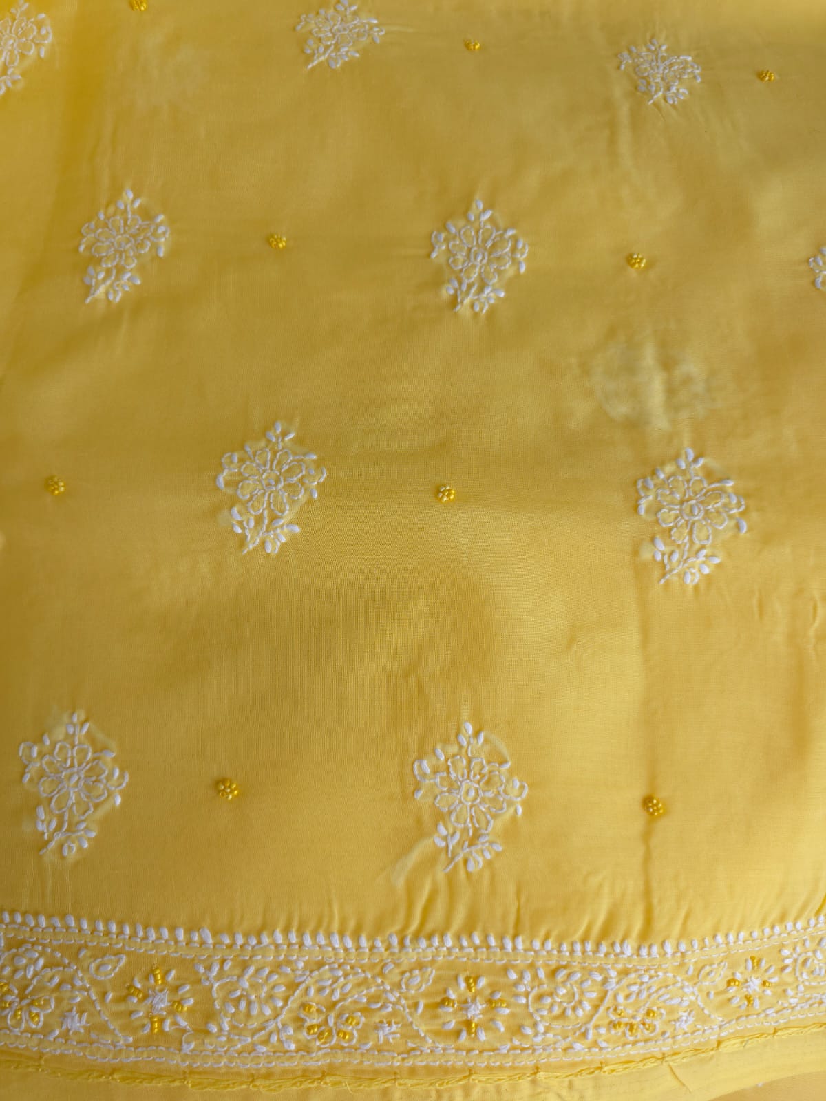 Sunshine Yellow Cotton Full suit with handwork and pearl sequins