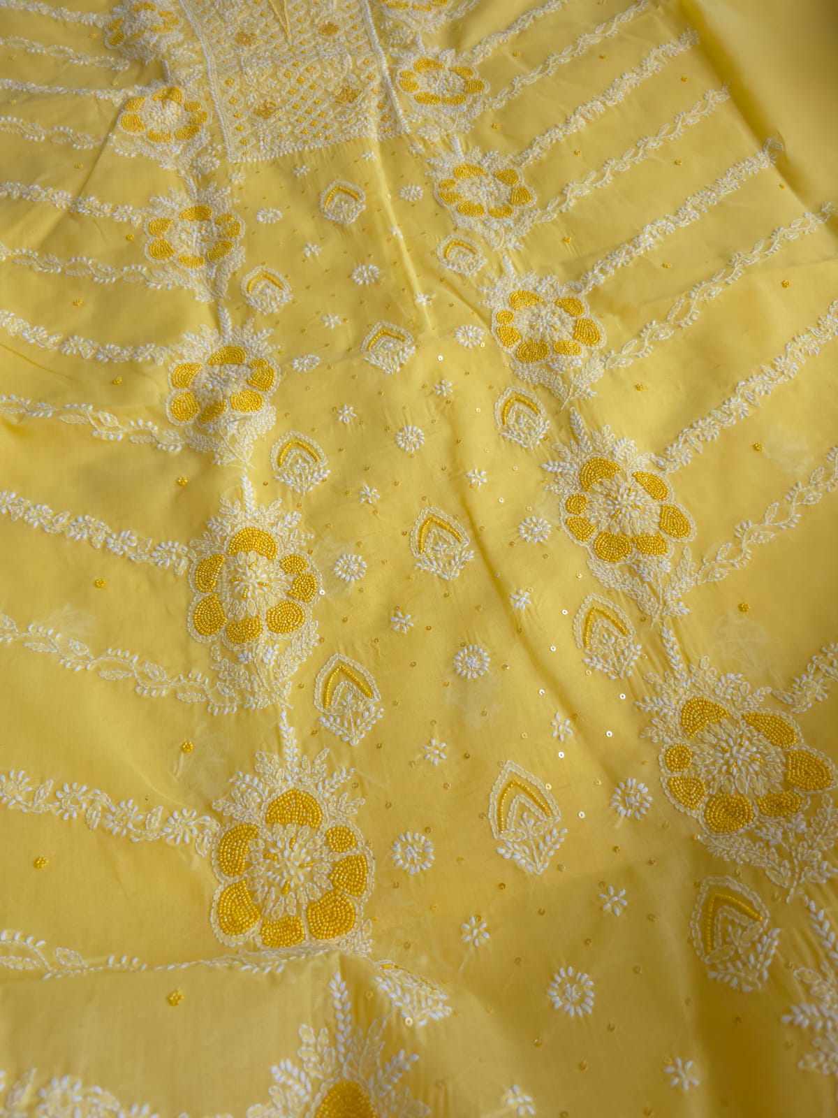 Sunshine Yellow Cotton Full suit with handwork and pearl sequins