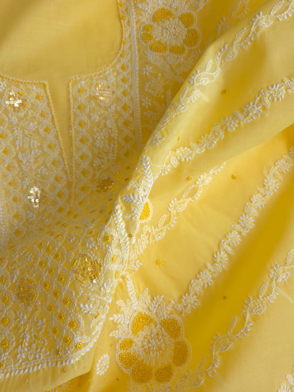 Sunshine Yellow Cotton Full suit with handwork and pearl sequins
