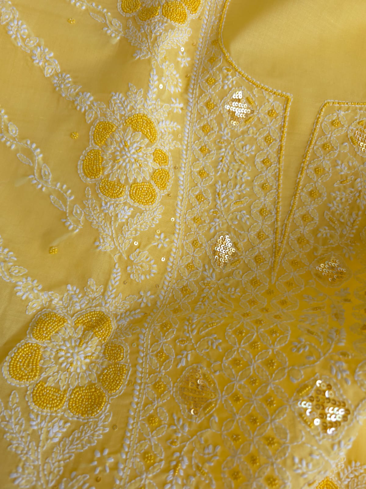 Sunshine Yellow Cotton Full suit with handwork and pearl sequins