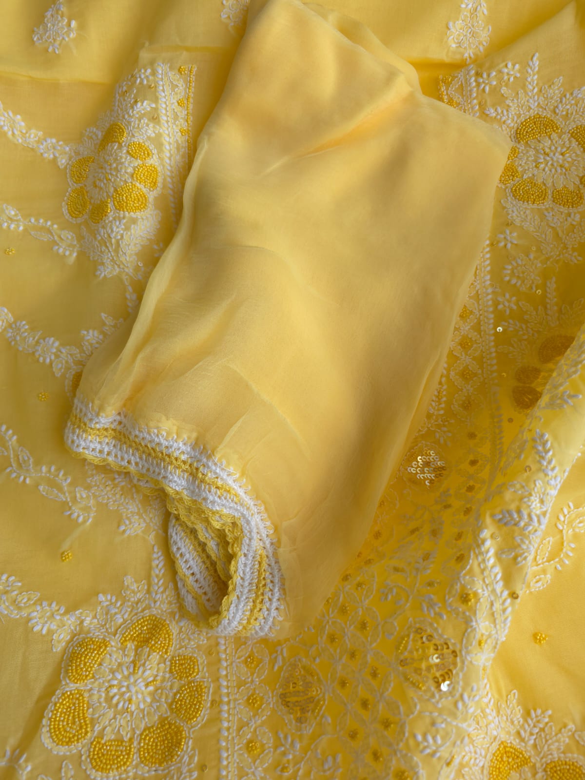 Sunshine Yellow Cotton Full suit with handwork and pearl sequins