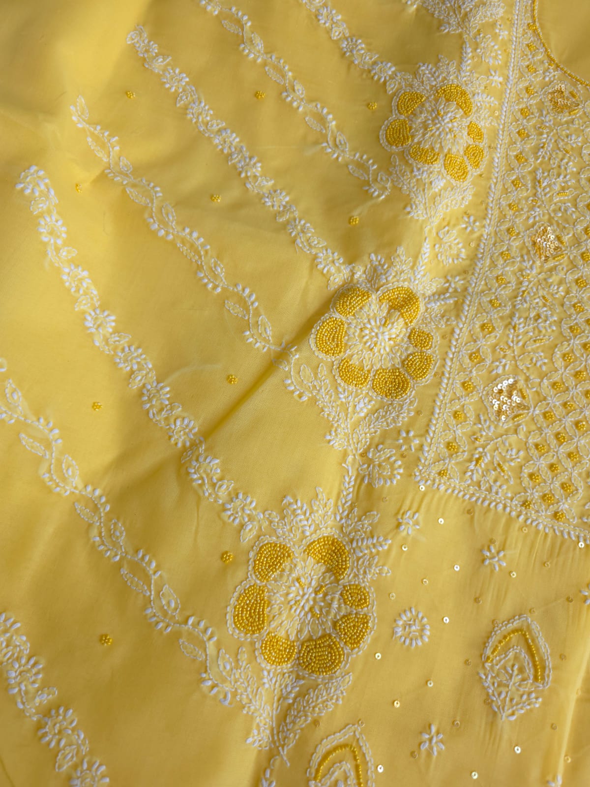 Sunshine Yellow Cotton Full suit with handwork and pearl sequins