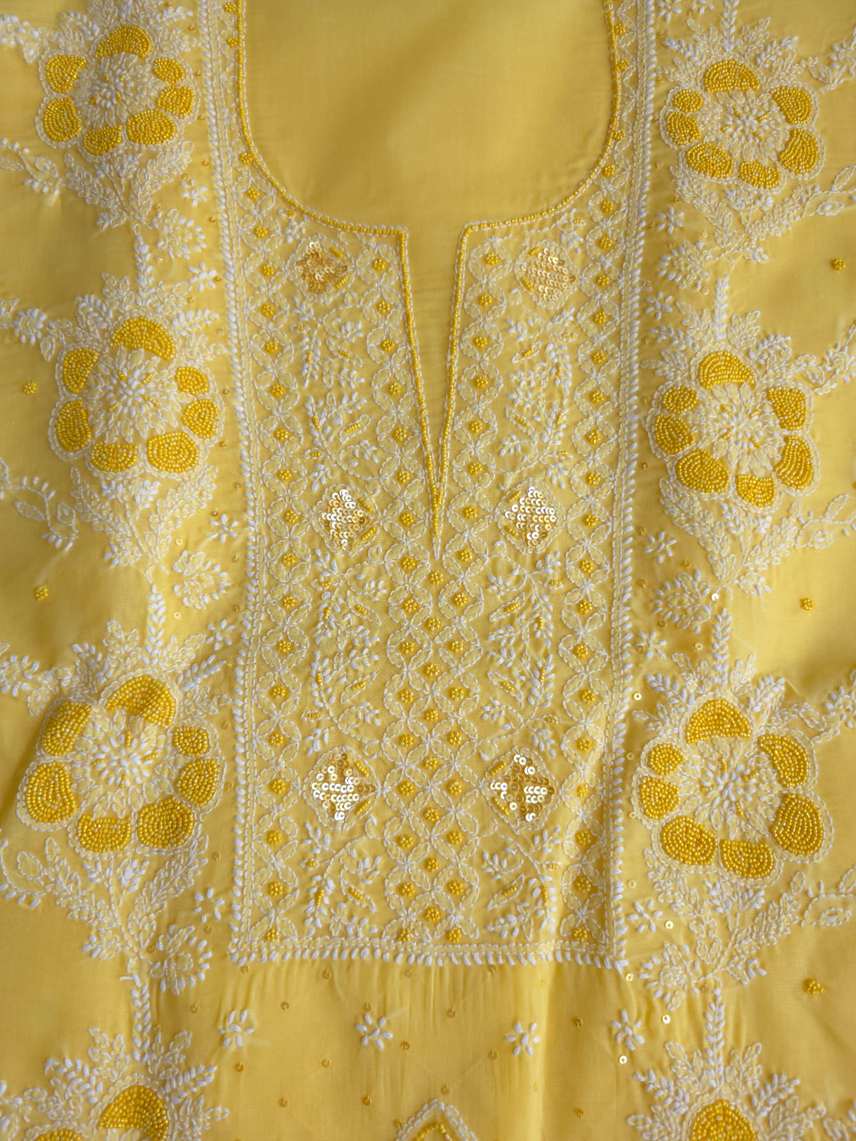 Sunshine Yellow Cotton Full suit with handwork and pearl sequins