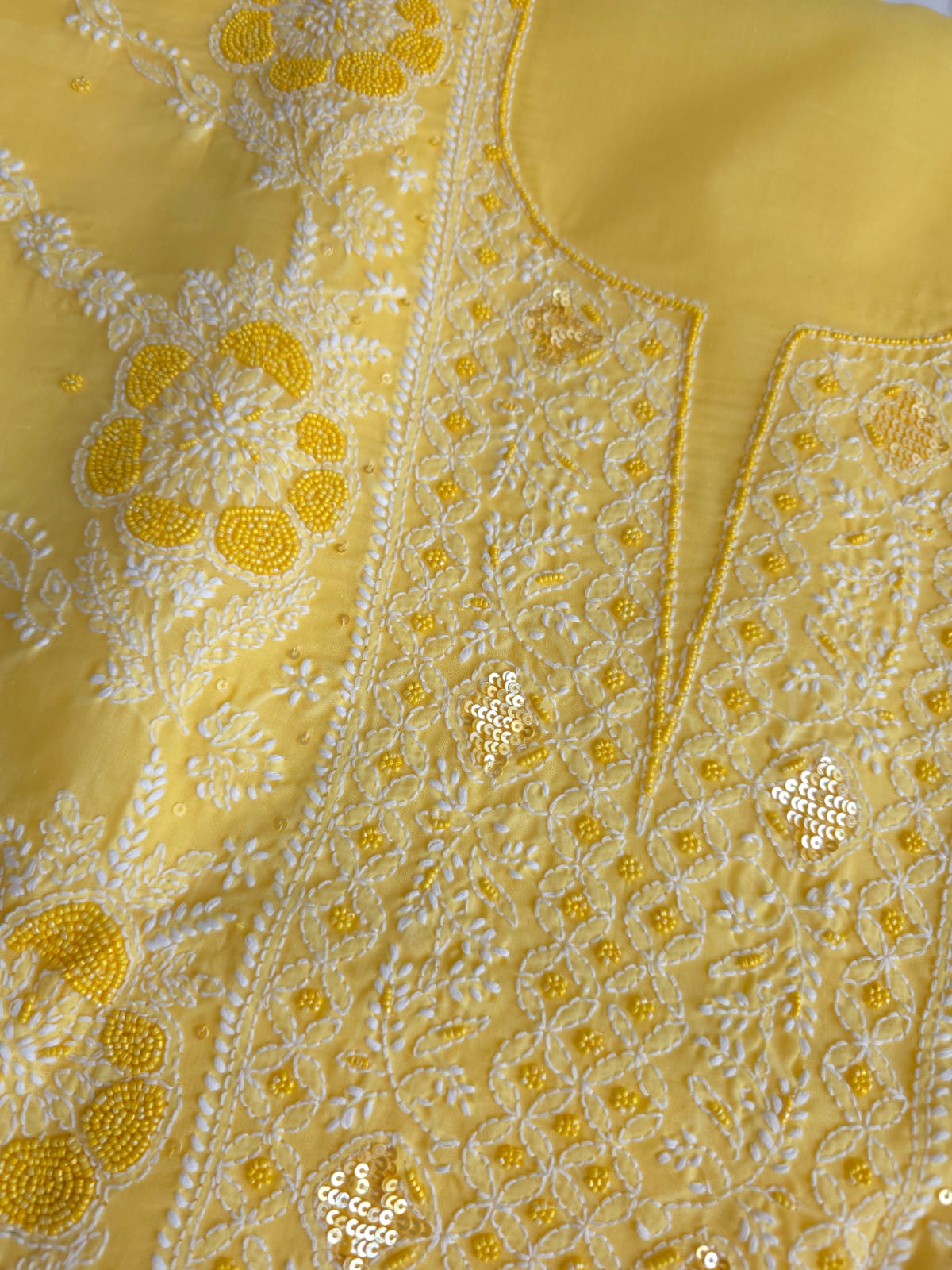 Sunshine Yellow Cotton Full suit with handwork and pearl sequins