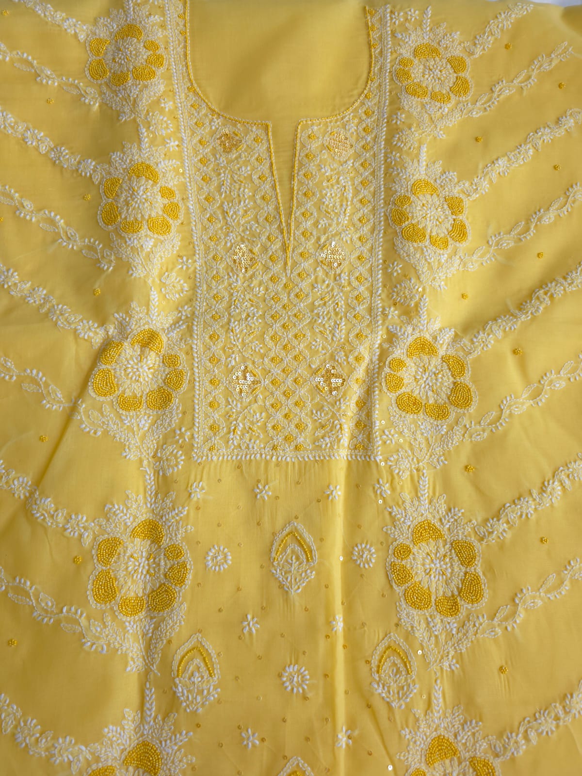 Sunshine Yellow Cotton Full suit with handwork and pearl sequins
