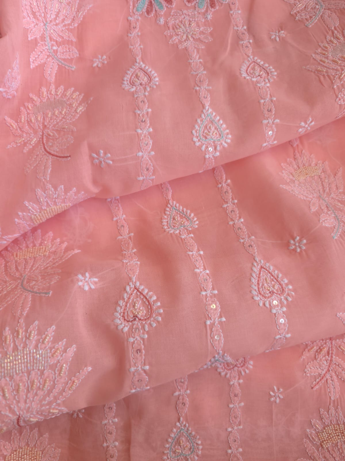 Peachish Pink Cotton full set with chikankari and embellishments
