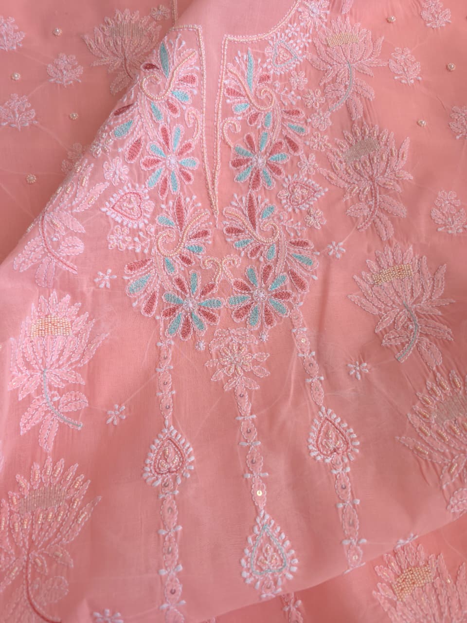 Peachish Pink Cotton full set with chikankari and embellishments