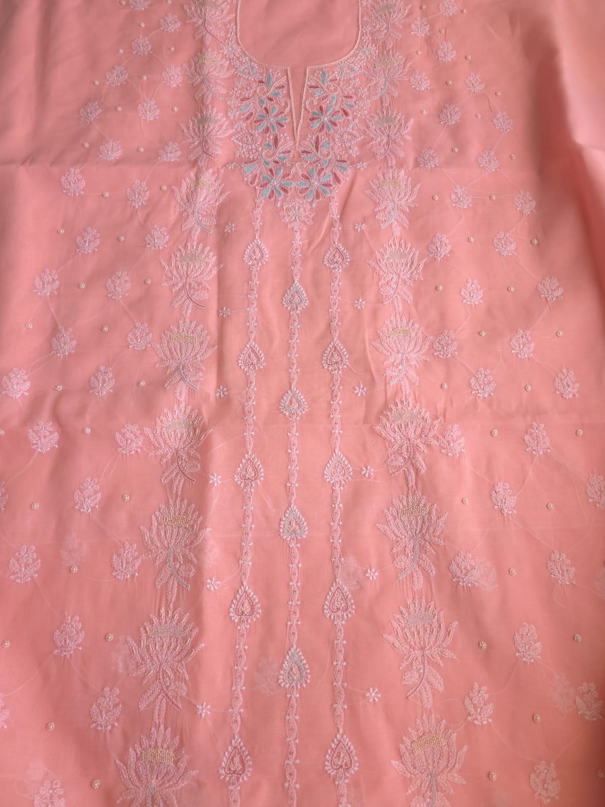 Peachish Pink Cotton full set with chikankari and embellishments