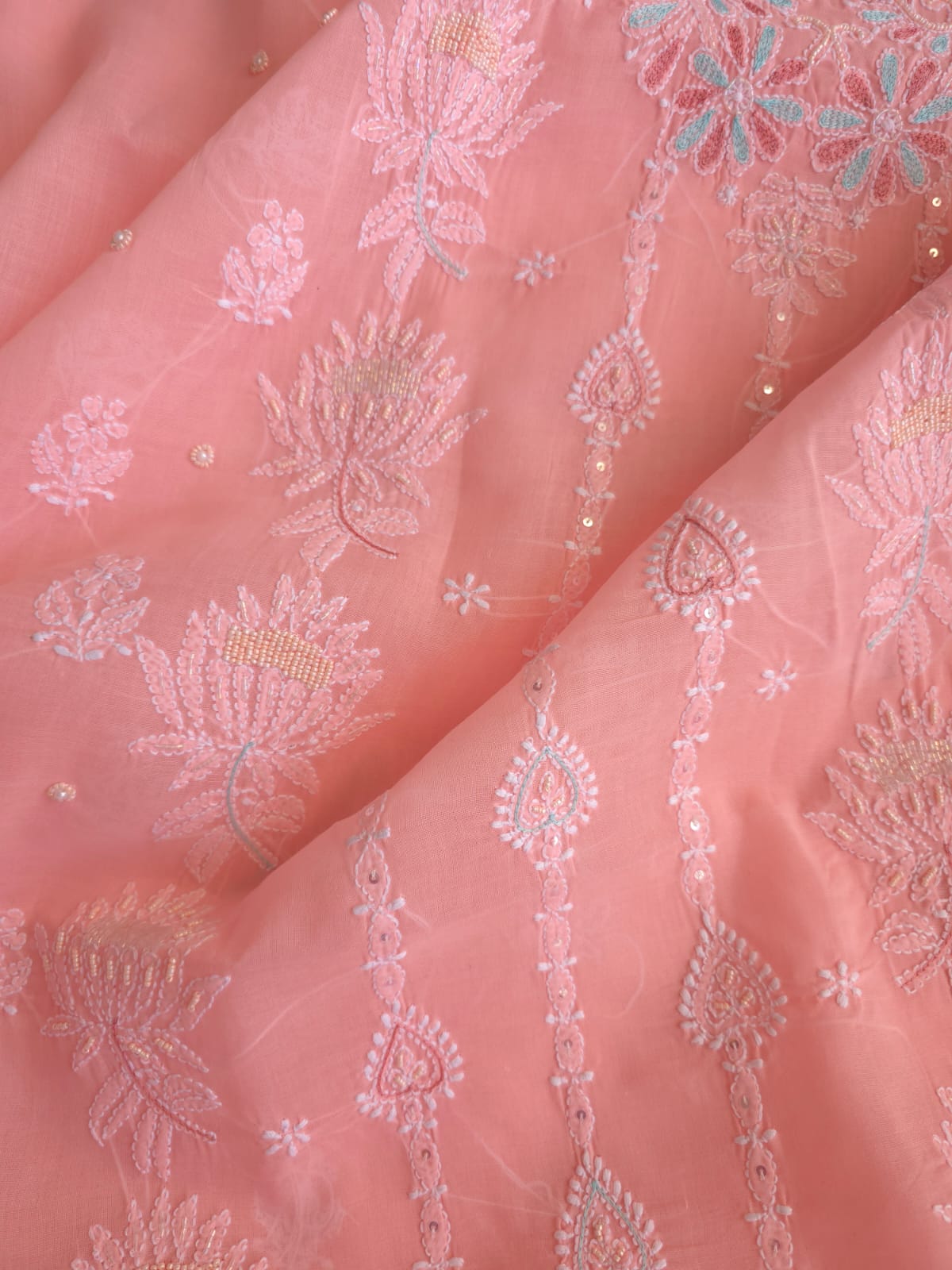Peachish Pink Cotton full set with chikankari and embellishments