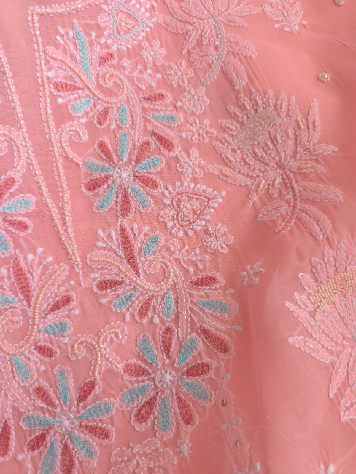 Peachish Pink Cotton full set with chikankari and embellishments