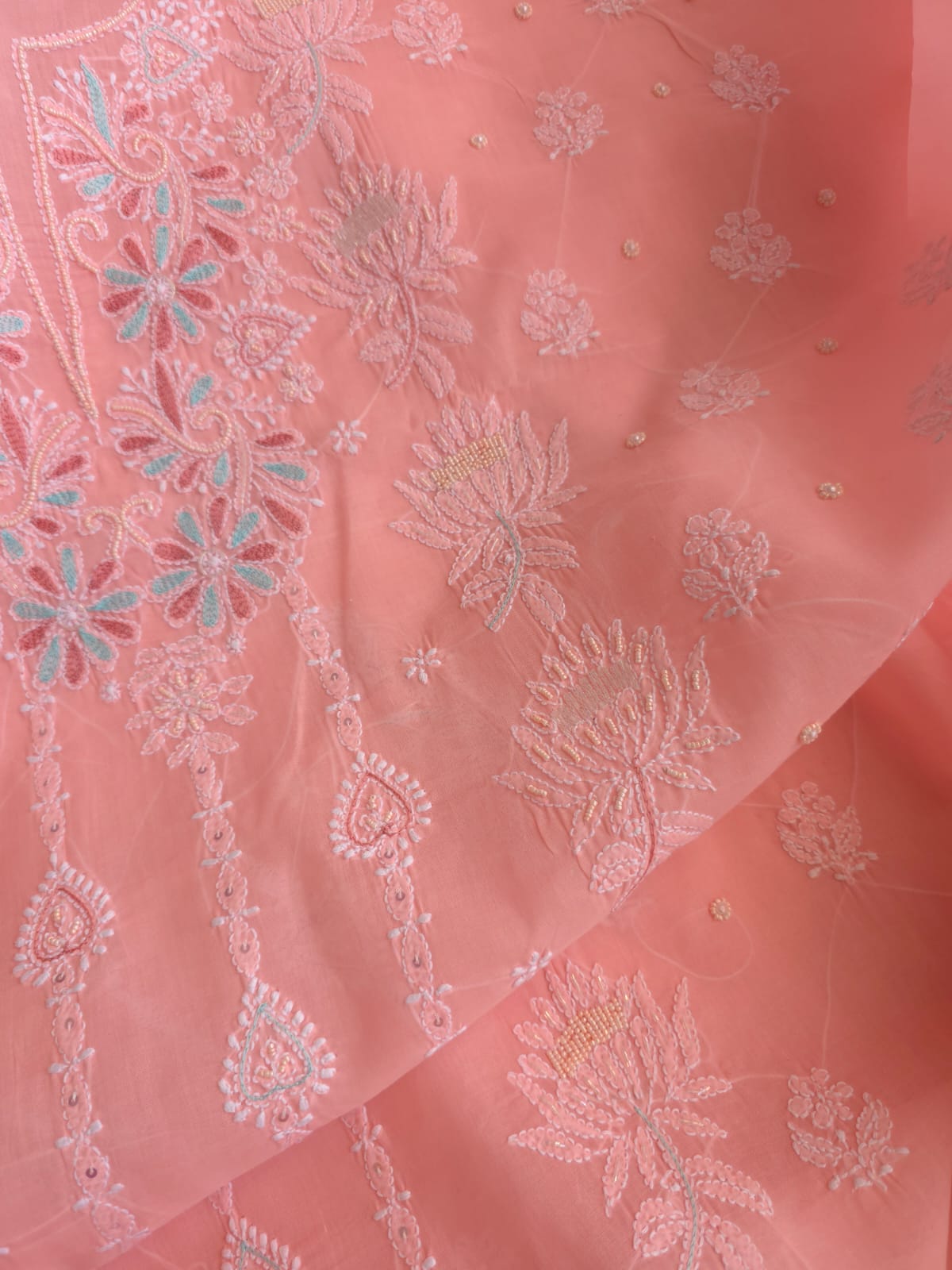 Peachish Pink Cotton full set with chikankari and embellishments