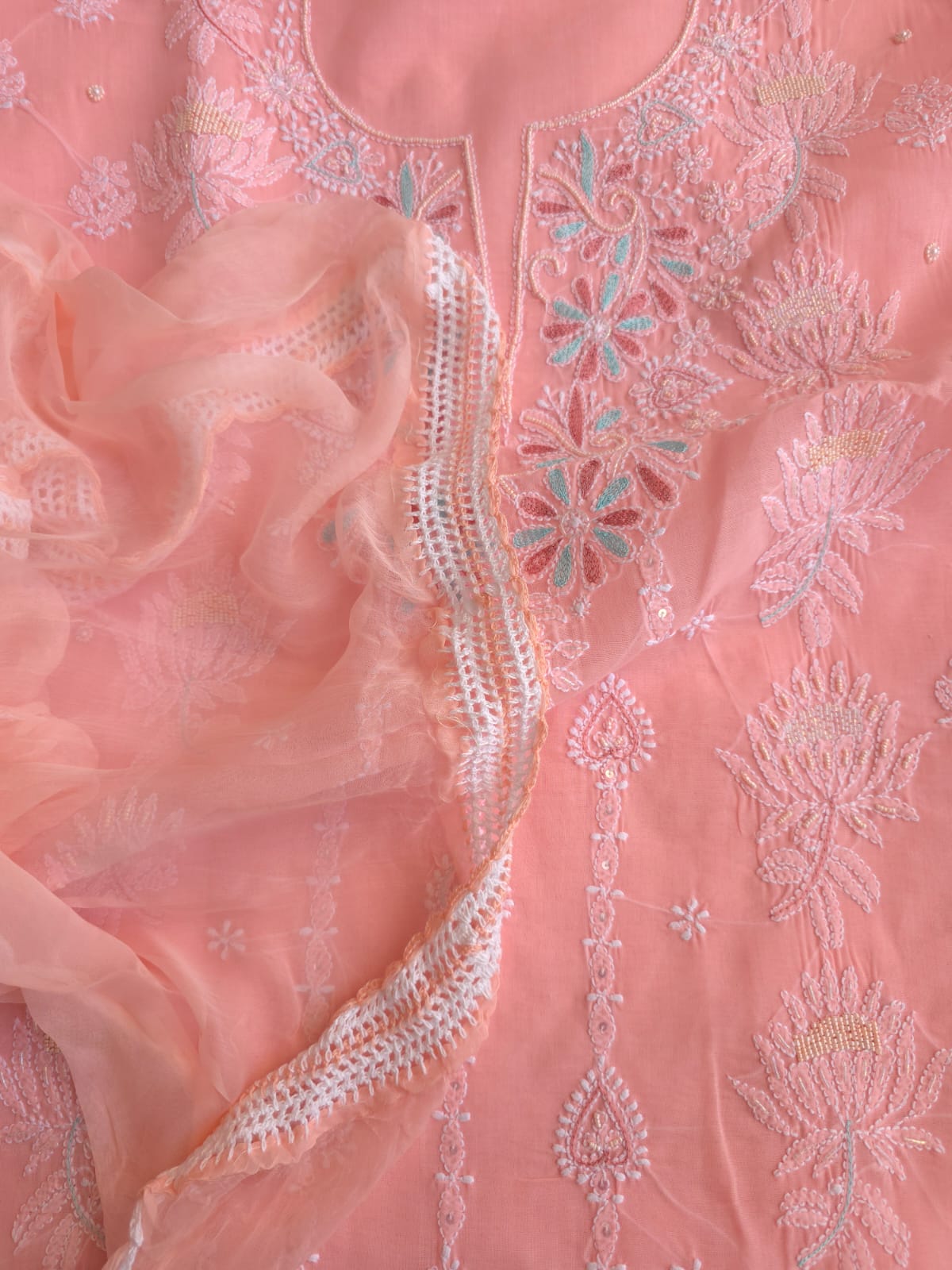 Peachish Pink Cotton full set with chikankari and embellishments
