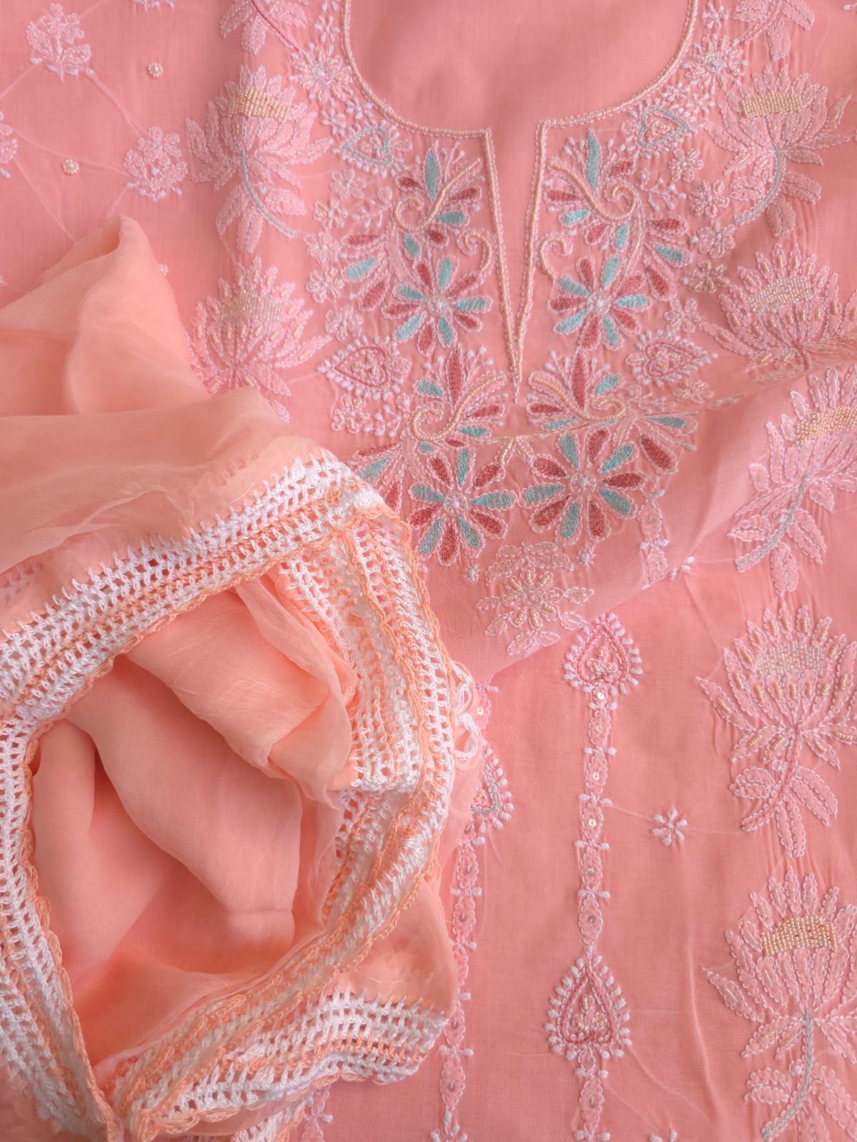 Peachish Pink Cotton full set with chikankari and embellishments