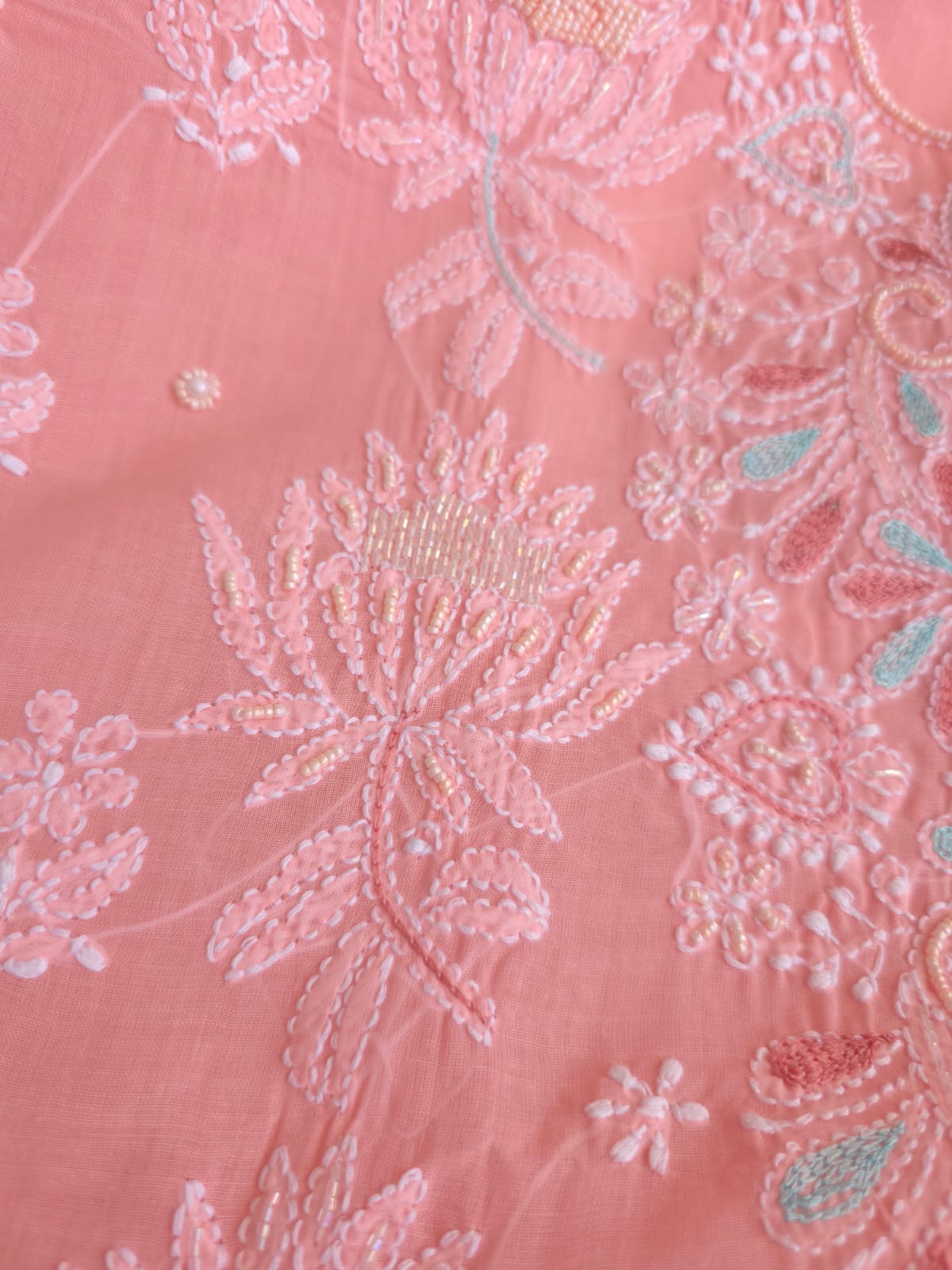 Peachish Pink Cotton full set with chikankari and embellishments