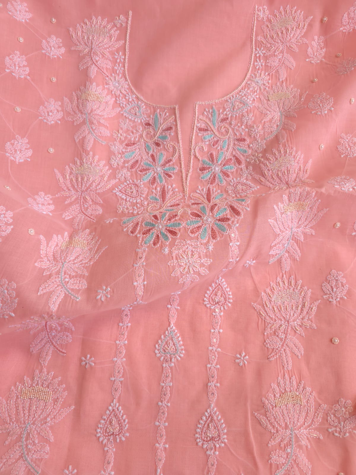 Peachish Pink Cotton full set with chikankari and embellishments
