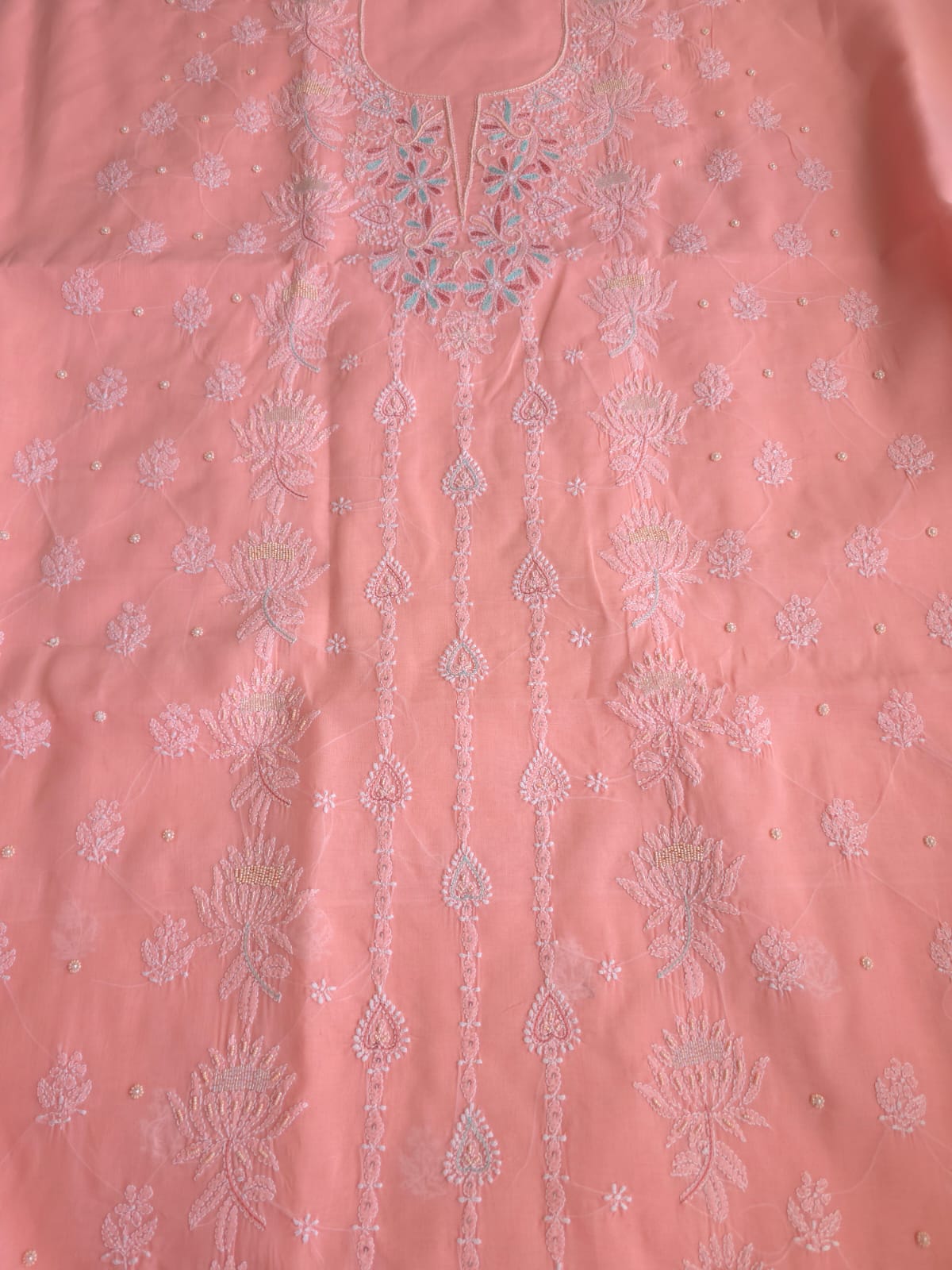 Peachish Pink Cotton full set with chikankari and embellishments