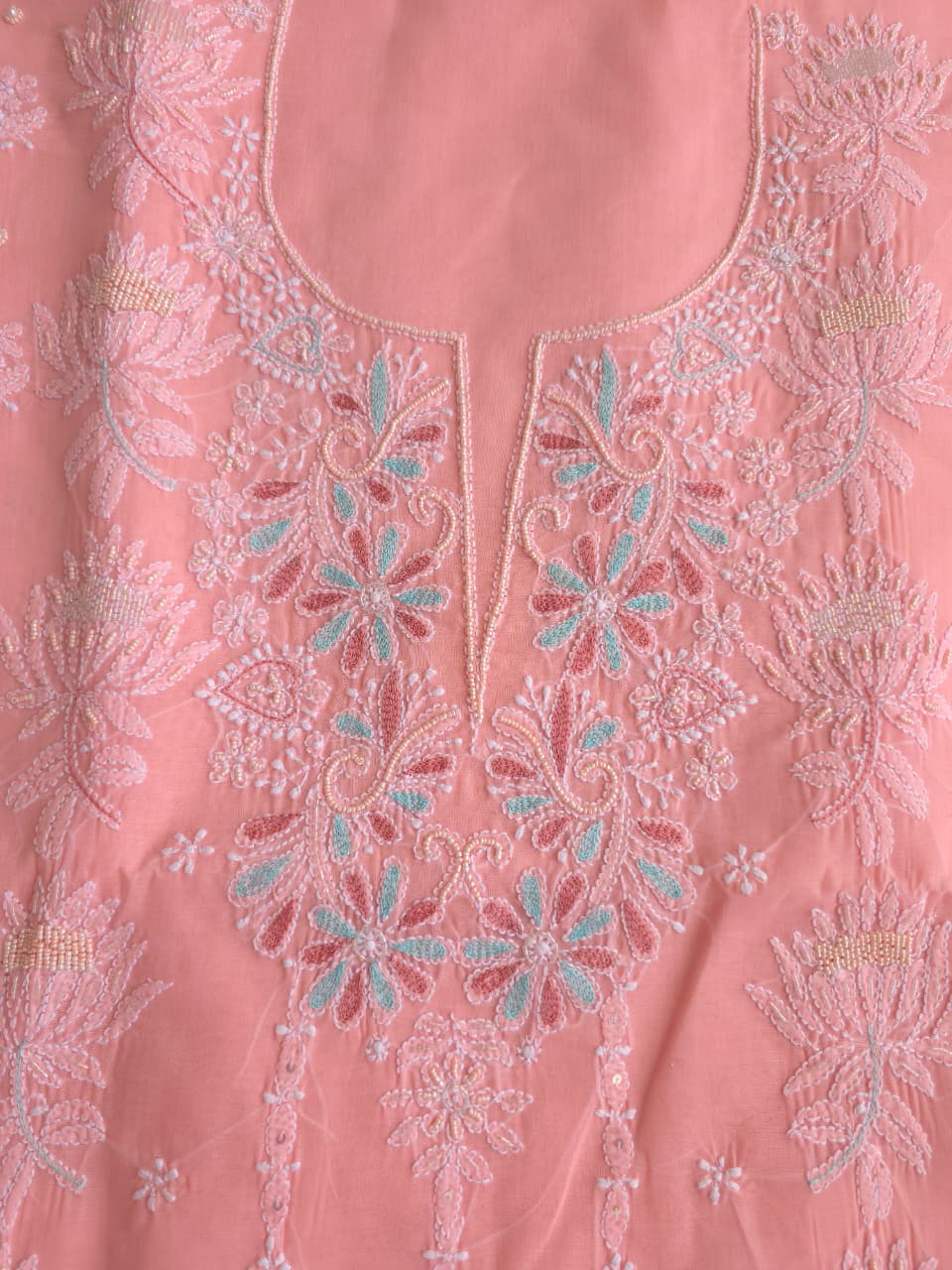 Peachish Pink Cotton full set with chikankari and embellishments