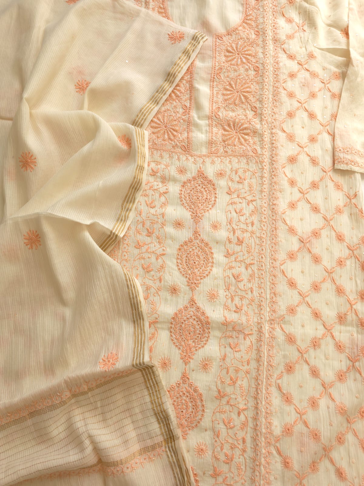 Maheshwari chanderi Semi stitched Kurta dupatta with Peach handwork and embellishments