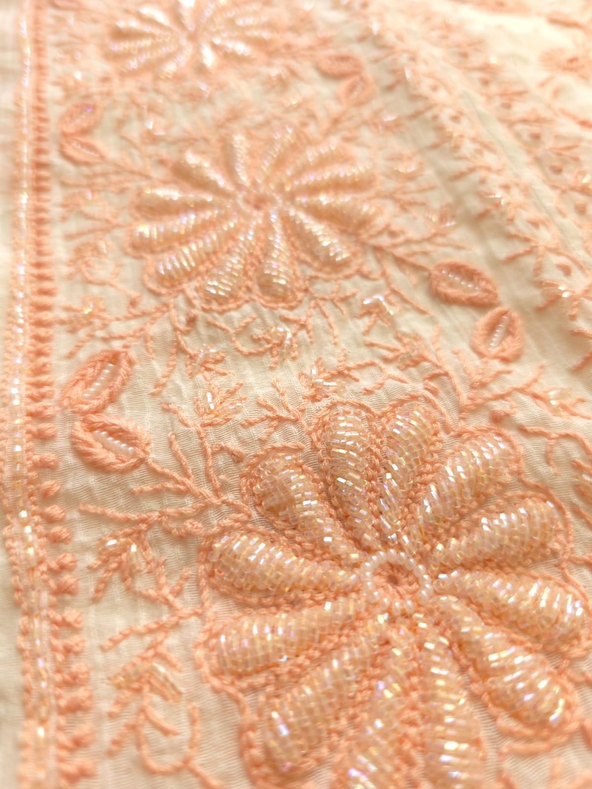 Maheshwari chanderi Semi stitched Kurta dupatta with Peach handwork and embellishments