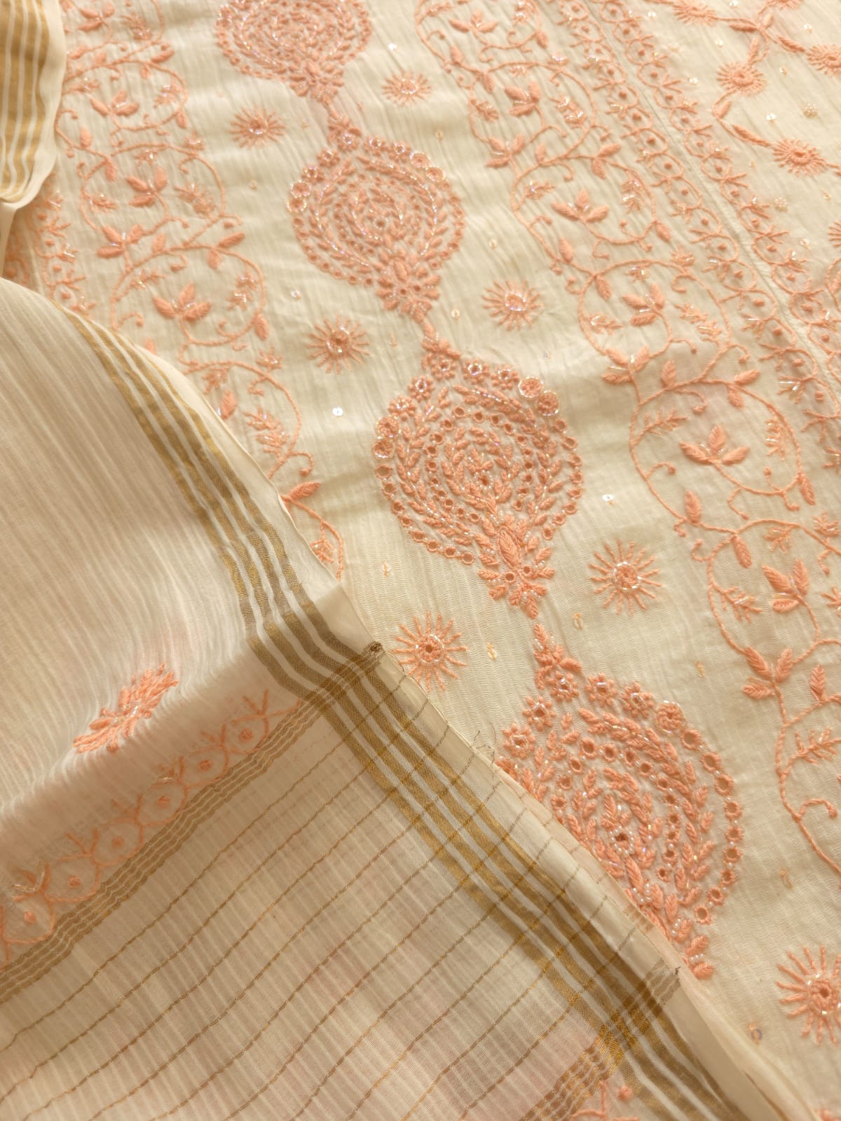 Maheshwari chanderi Semi stitched Kurta dupatta with Peach handwork and embellishments