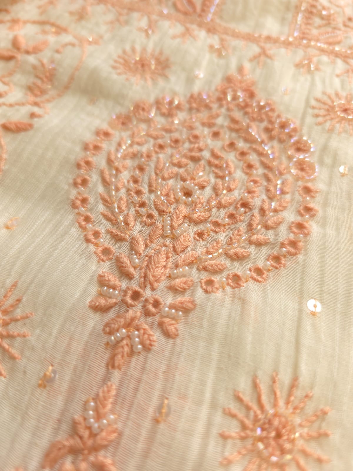 Maheshwari chanderi Semi stitched Kurta dupatta with Peach handwork and embellishments