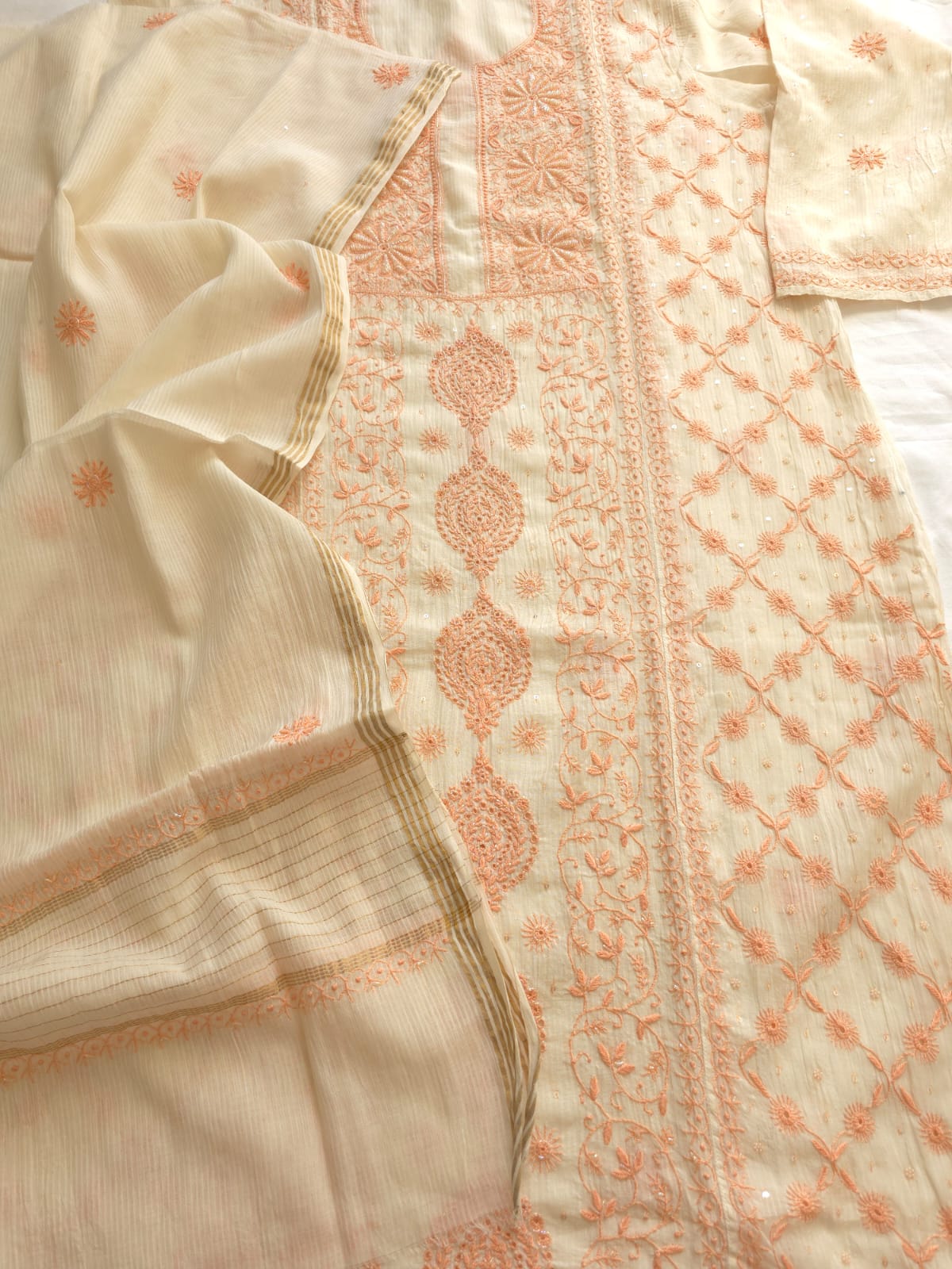 Maheshwari chanderi Semi stitched Kurta dupatta with Peach handwork and embellishments