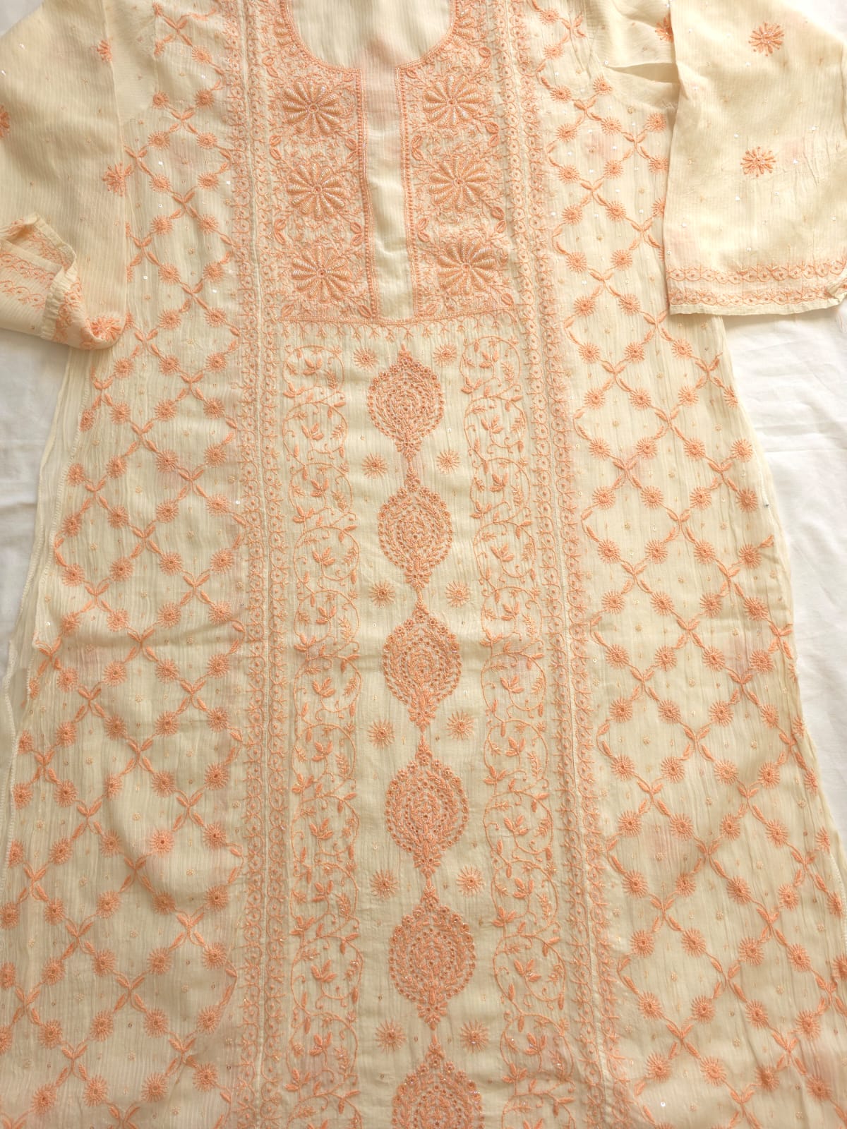 Maheshwari chanderi Semi stitched Kurta dupatta with Peach handwork and embellishments