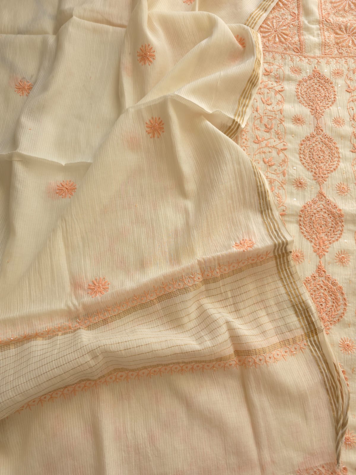 Maheshwari chanderi Semi stitched Kurta dupatta with Peach handwork and embellishments