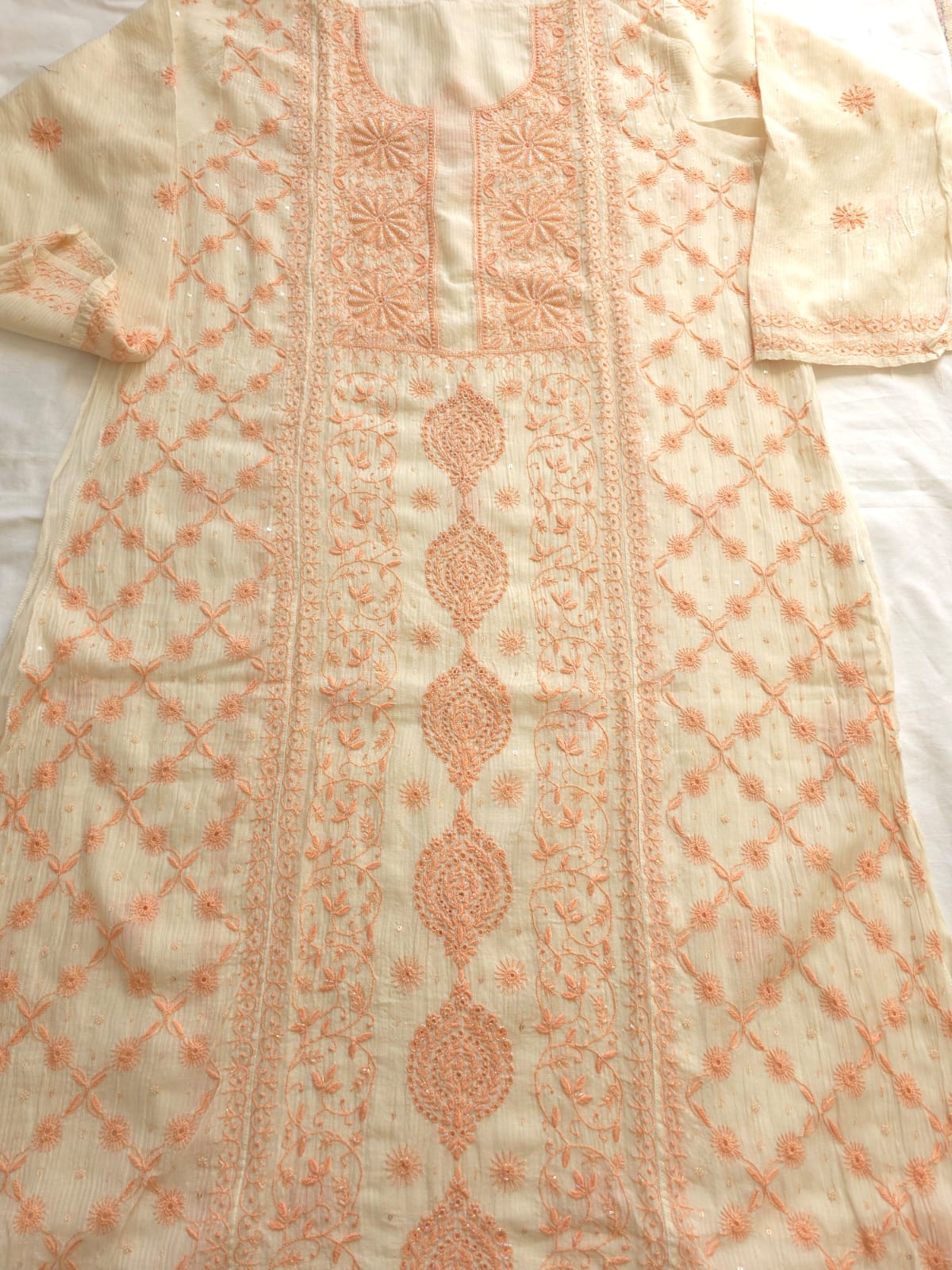 Maheshwari chanderi Semi stitched Kurta dupatta with Peach handwork and embellishments