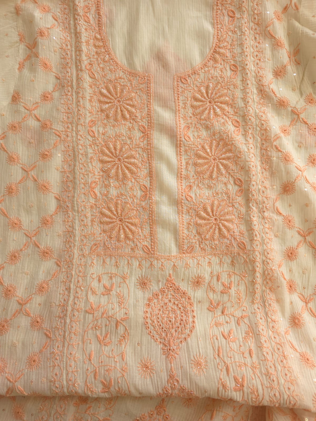 Maheshwari chanderi Semi stitched Kurta dupatta with Peach handwork and embellishments