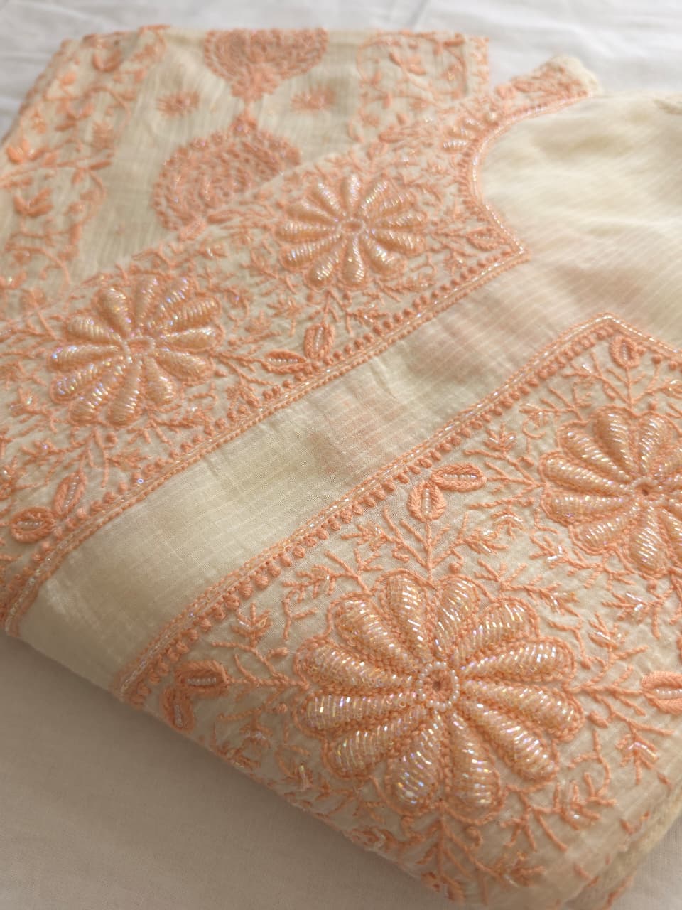 Maheshwari chanderi Semi stitched Kurta dupatta with Peach handwork and embellishments