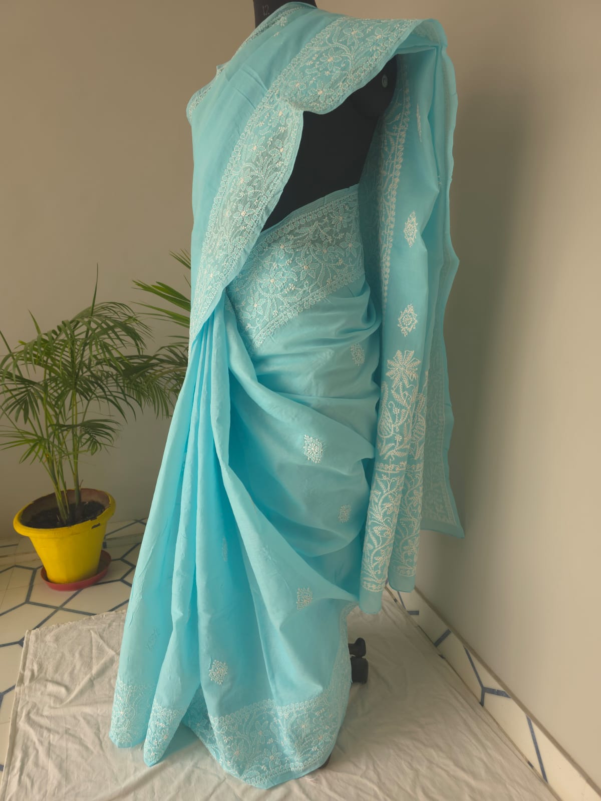 Sky Blue Cotton Saree with  Superfine Chikankari